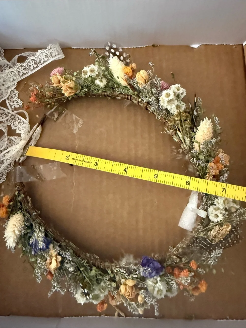 NEW Girls Dried Floral Crown with Lace Ribbon - Yellow, Orange, White, Purple.